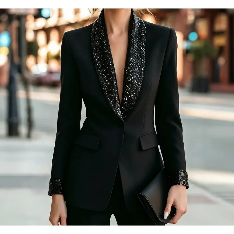 Women Blazer Coats Suits Autumn Winter 2026 Turn Down Collar Jackets Vintage Y2k Streetwear Work Casual Sequins Elegant Jacket