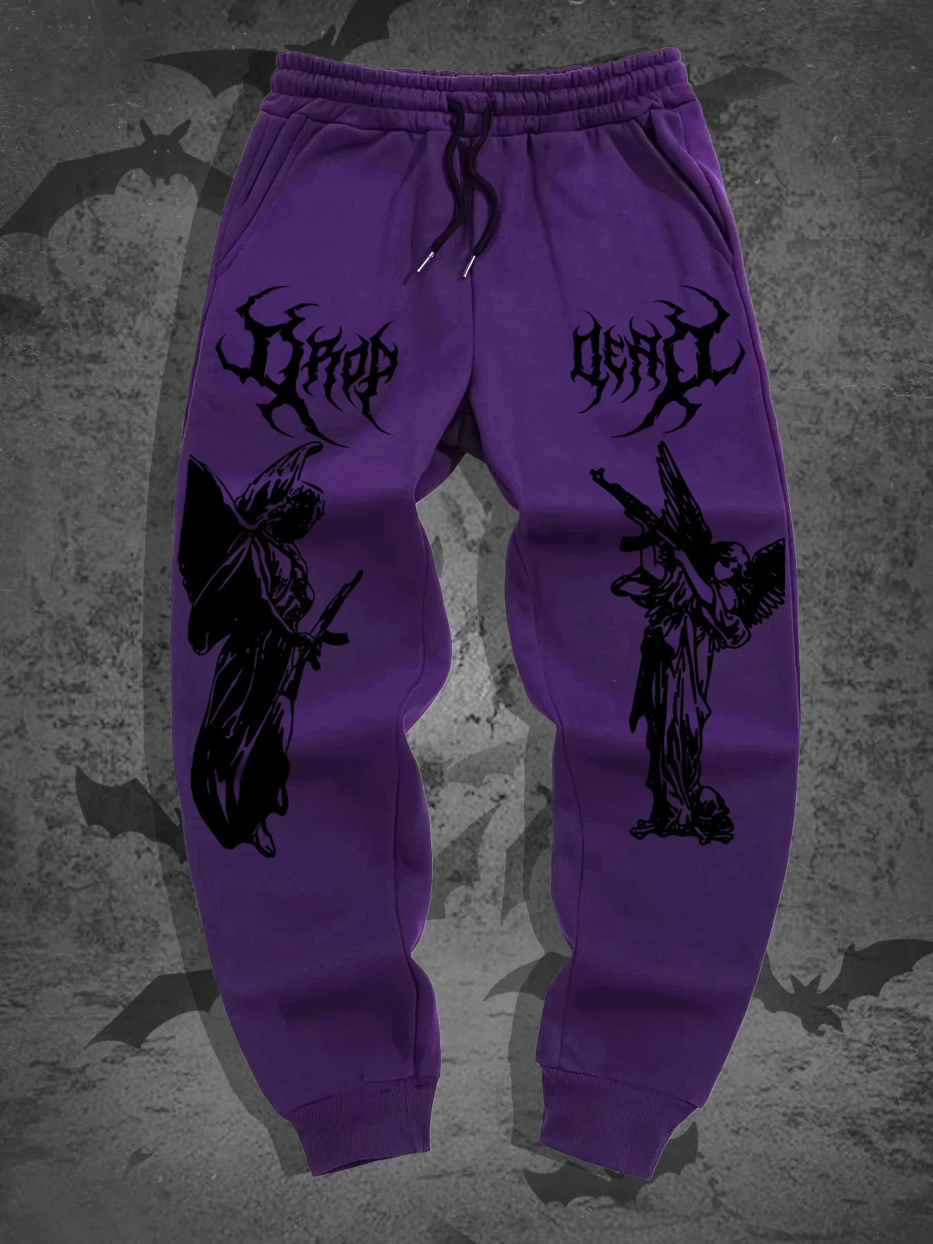 Heavy Metal Grim Reaper Angel With Gun Retro Pattern Men Hip Hop Sports Sweatpants, Rib Ankle Subculture Street Trend Trousers
