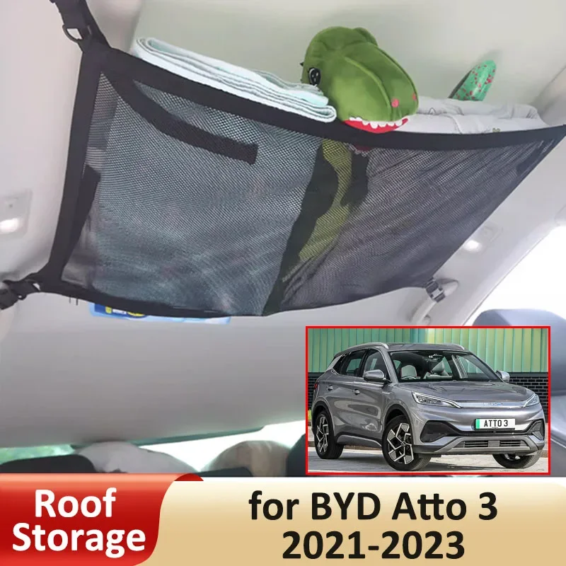 Auto Roof Storage for BYD Atto 3 Yuan Plus 2021 2022 2023 Accessories Luggage Suspended Stowing Network Ceiling Pocket 70x50cm