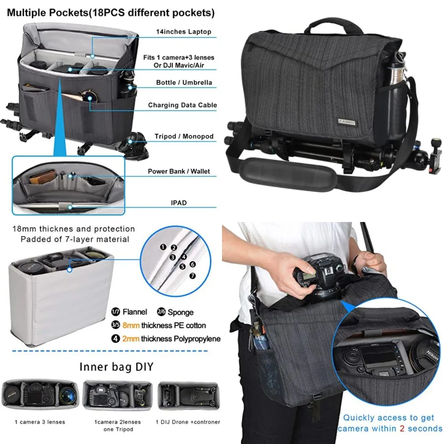 

Camera Bag Case Shoulder Messenger Photography Bag with Laptop Compartment 14", Tripod Holder, Compatible for Nikon, Canon, Son