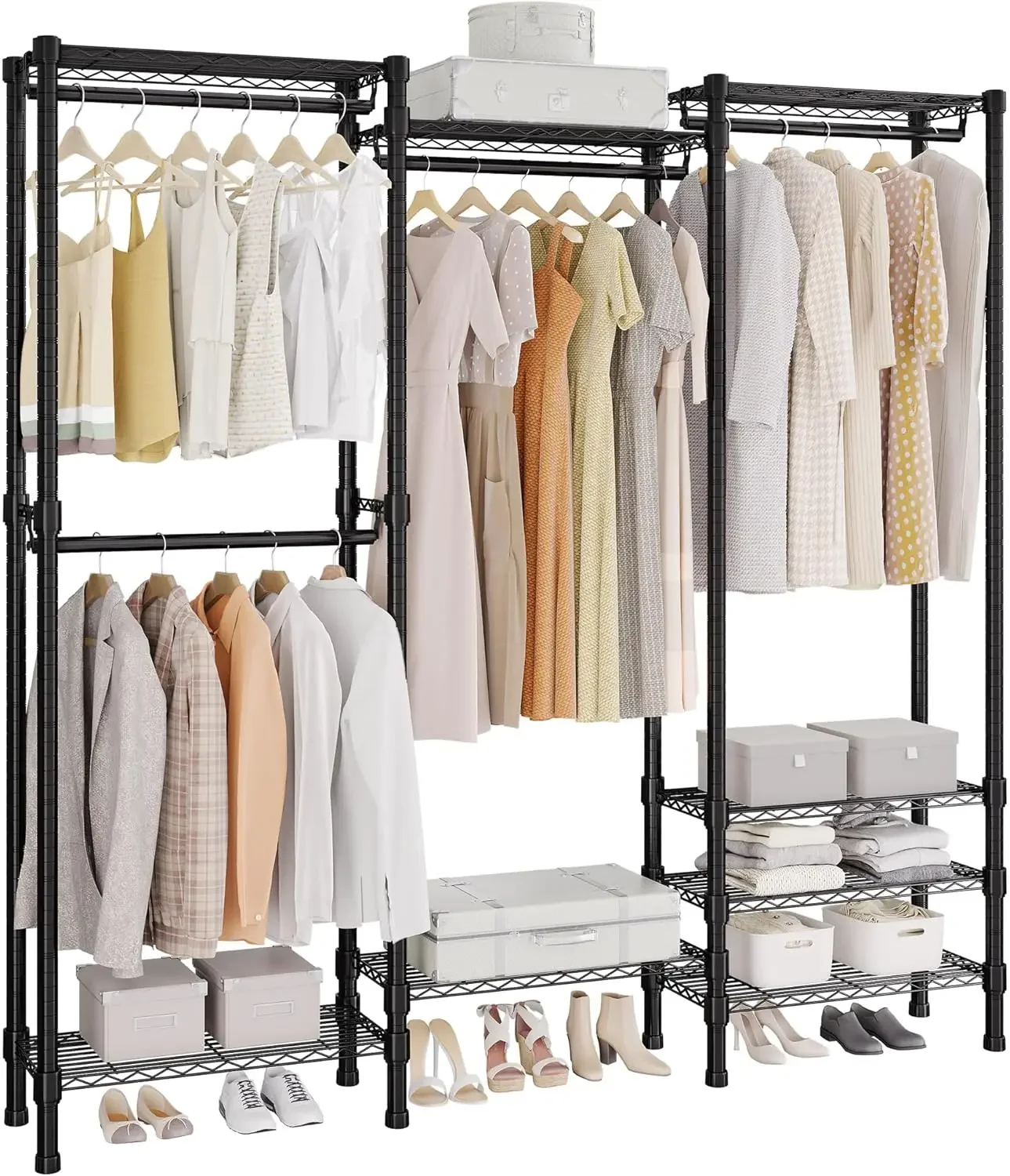 Closet Organizers and Storage System, Heavy Duty Walk-in Closet Shelves System, Adjustable Clothes Rack with 3 Hanging Rods, 8 S