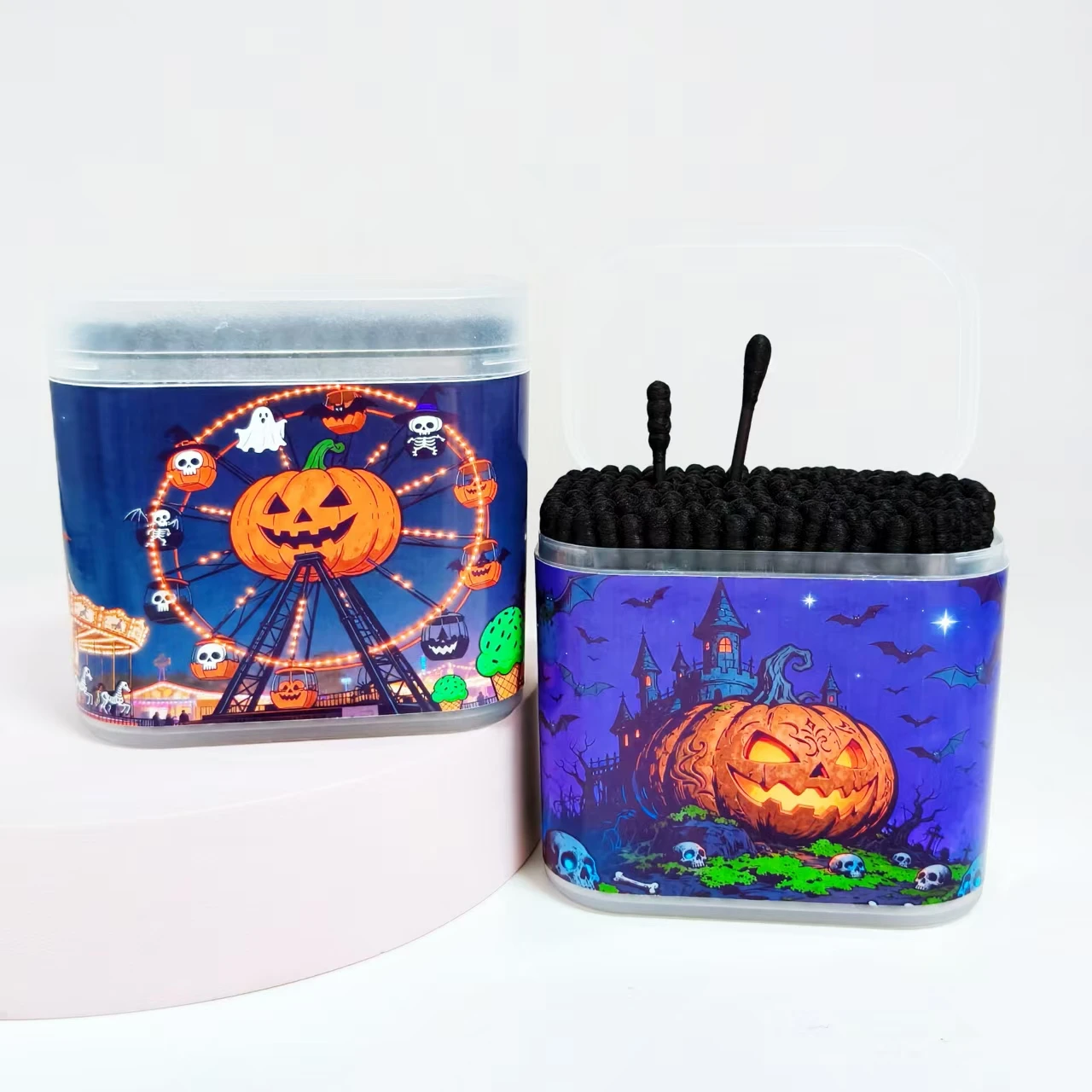 200개/400개 할로윈 호박 무늬 면봉 볼 블랙 무광 박스 포장 양면 면봉