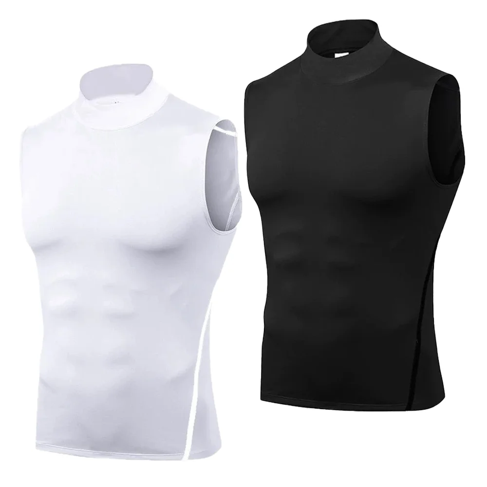 Men's Sleeveless Turtleneck Compression Shirt Man Quick Dry Workout Fitness Gym Tank Top Base Layer Bodybuilding Running Vest