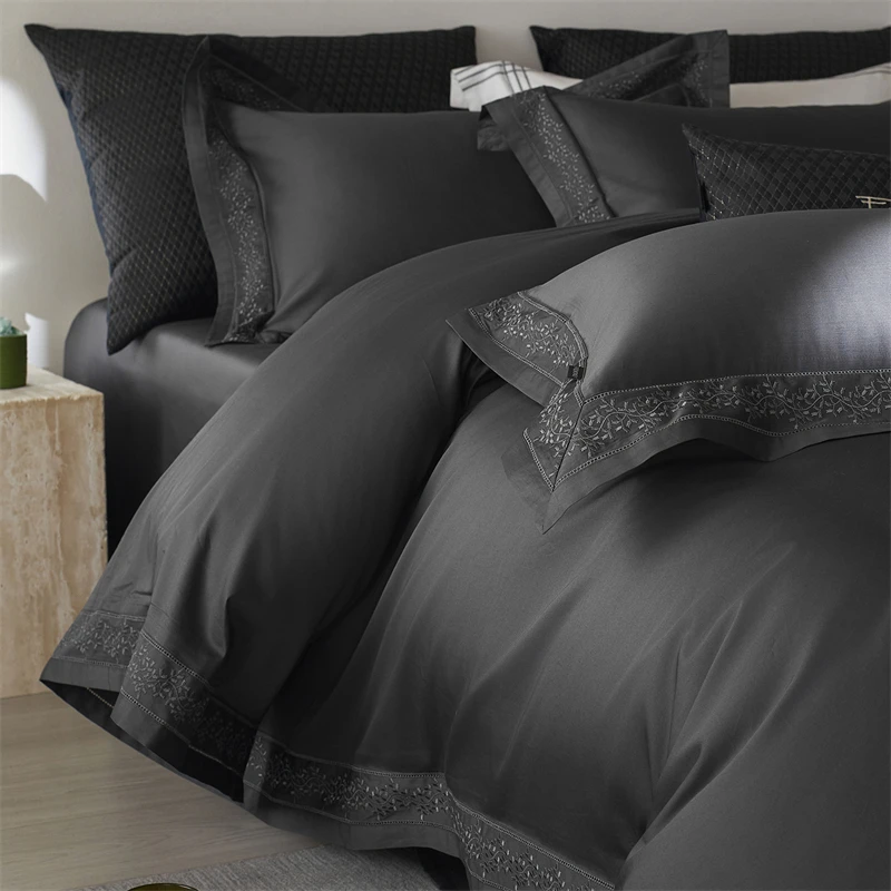 1000TC Egyptian Cotton Wide Edge Embroidery Solid Color Luxury Bedding Set Duvet Cover Flat/Fitted Bed Sheet Pillowcases 4Pcs