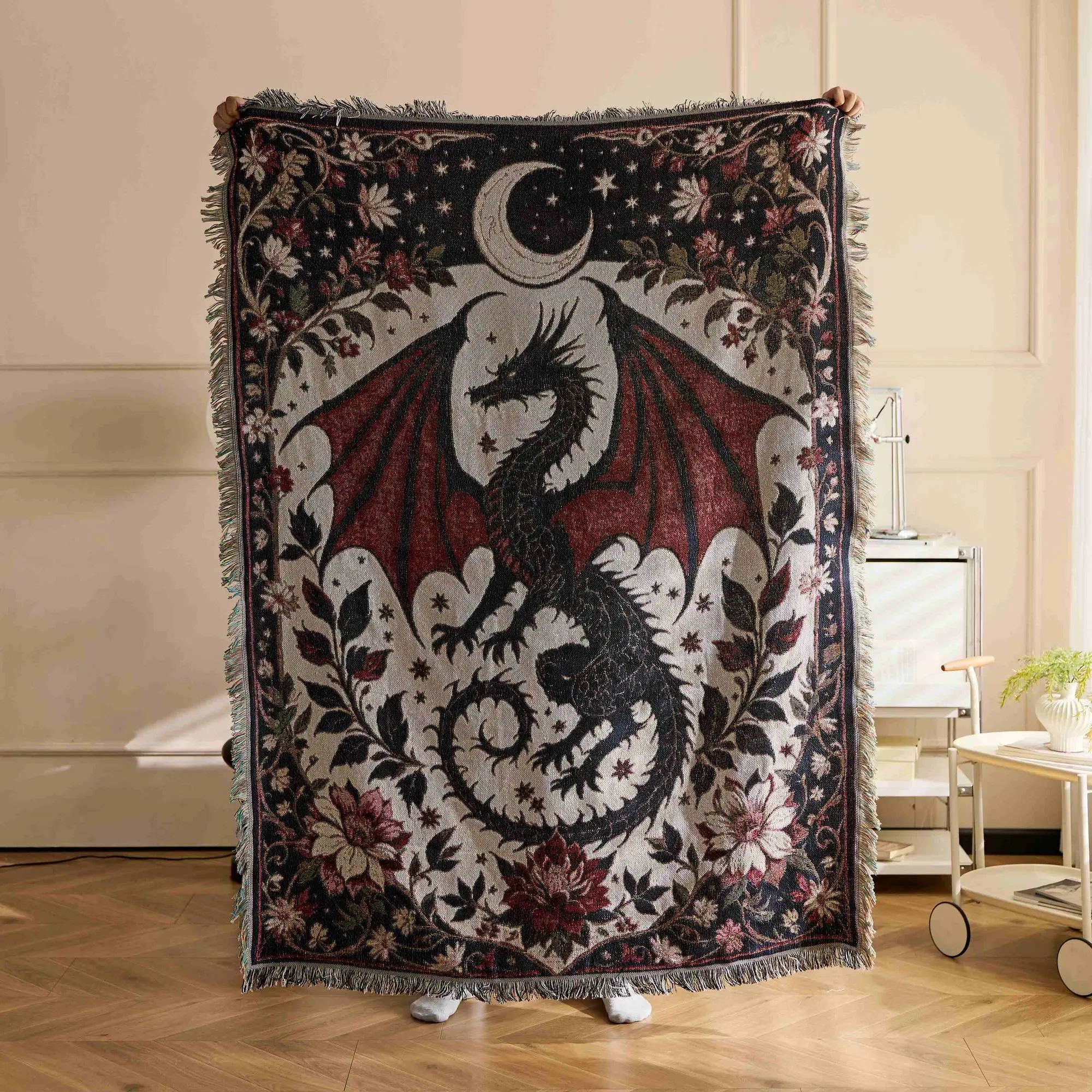 1kg high-weight dragon series fringed knitted blanket multi-purpose sofa blanket portable for camping and picnic