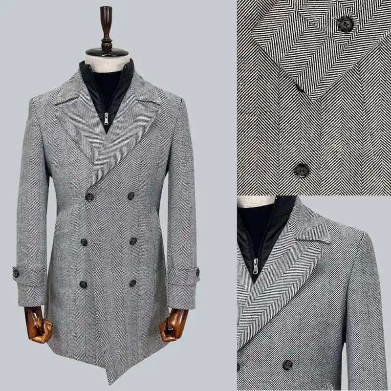 

Autumn Herringbone Men's Long Blazer Peaked Lapel Double Breasted Jacket Tuxedos Business Party Wear Only Coat Customized