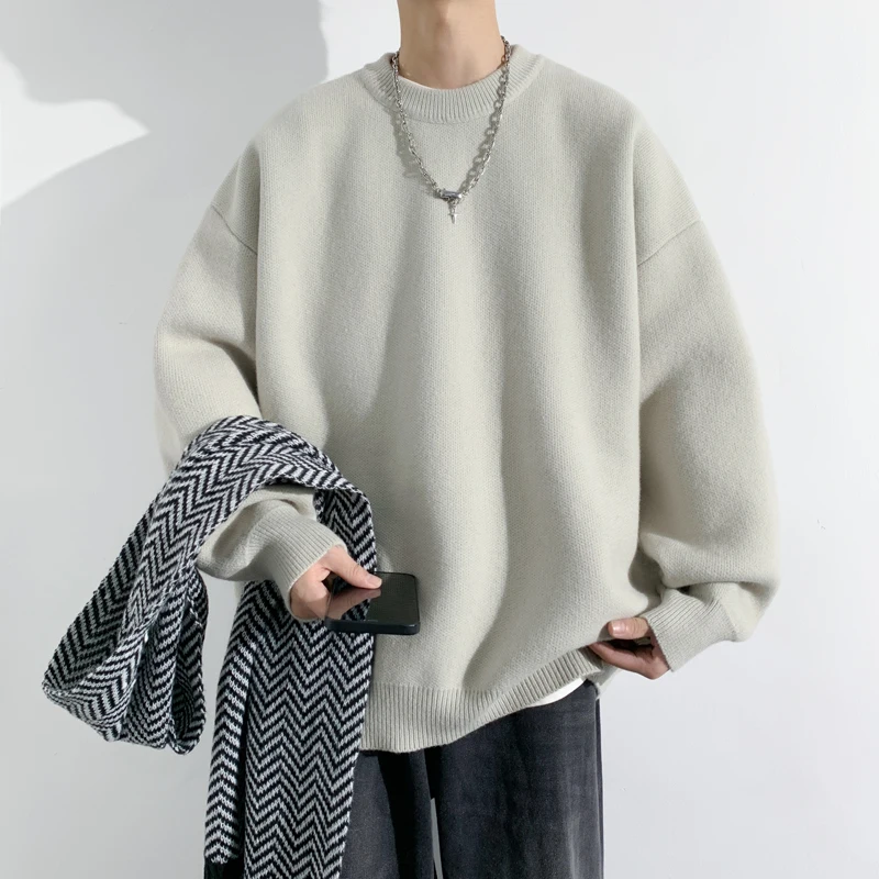 Sweater Fashion Korea Pria Musim Gugur Sweater Wol Warna Solid Slim Fit Pria Streetwear Pakaian Pria Sweater Rajutan Pullover Pria