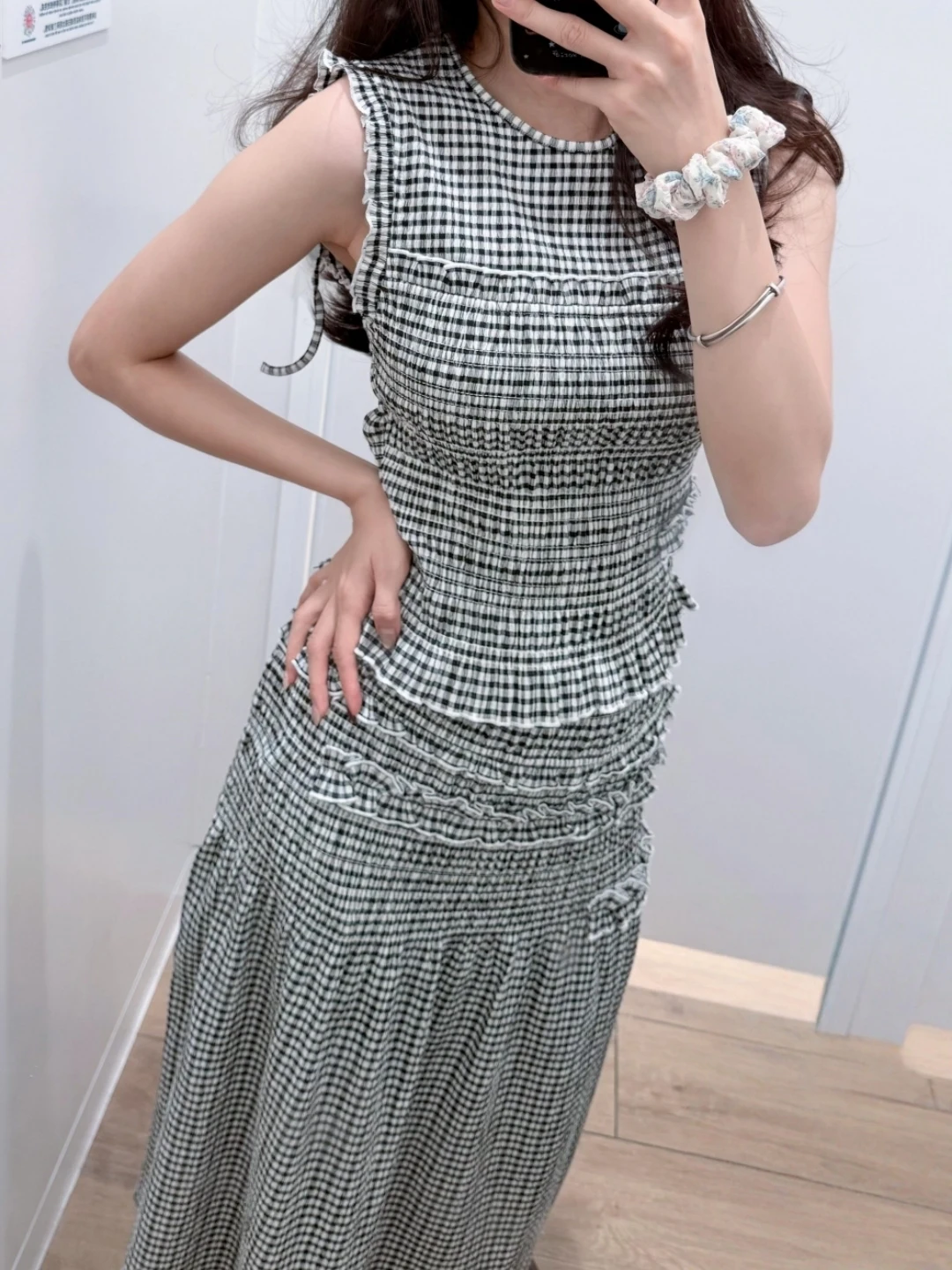 Summer Korean Style Casual  Plaid Drawstring Wooden Ear No Sleeve Tank Top Women's Half Skirt Hugging Fit round Neck Sho...