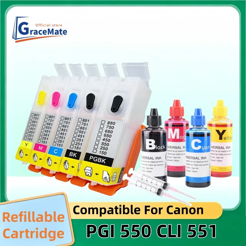 PGI 550 CLI 551 Refillable Ink Cartridge with Chips 550 551 For Canon PIXMA IP7250 MG 6350 MG 5450 MX925 MX725