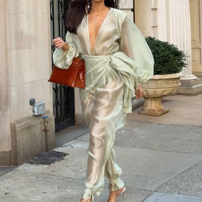 Deep V Cut Out High Waist Casual Jumpsuit Elegant Solid Color Trousers Romper 2026 Fall Perspective Lightweight Women's Overalls