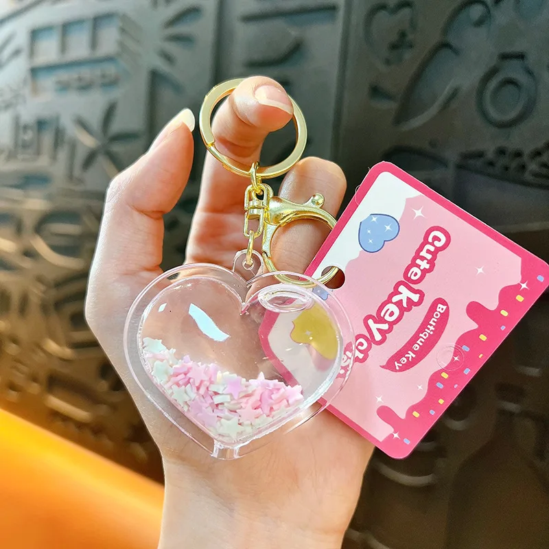 Cute Love Heart Color Mickey Head Star Quicksand Bottle Keychain Liquid Floating Sakura Bow Sequin Love Bottle Pendant Key Chain
