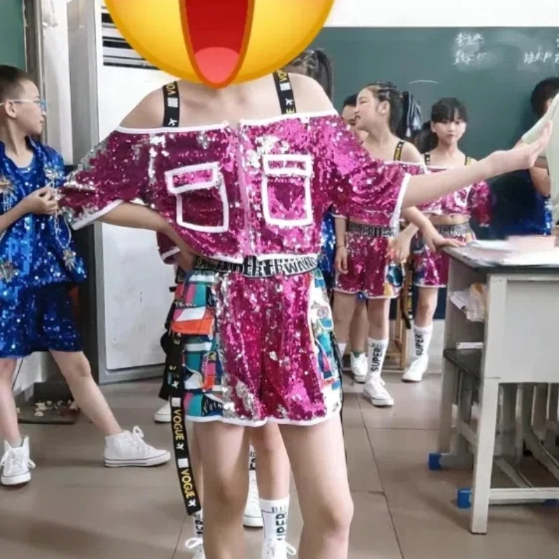 Hip-Hop für Mädchen, Street Dance, Jazz-Dance-Performance-Kostüme, modische rosarote Pailletten, modische Laufstegmodelle