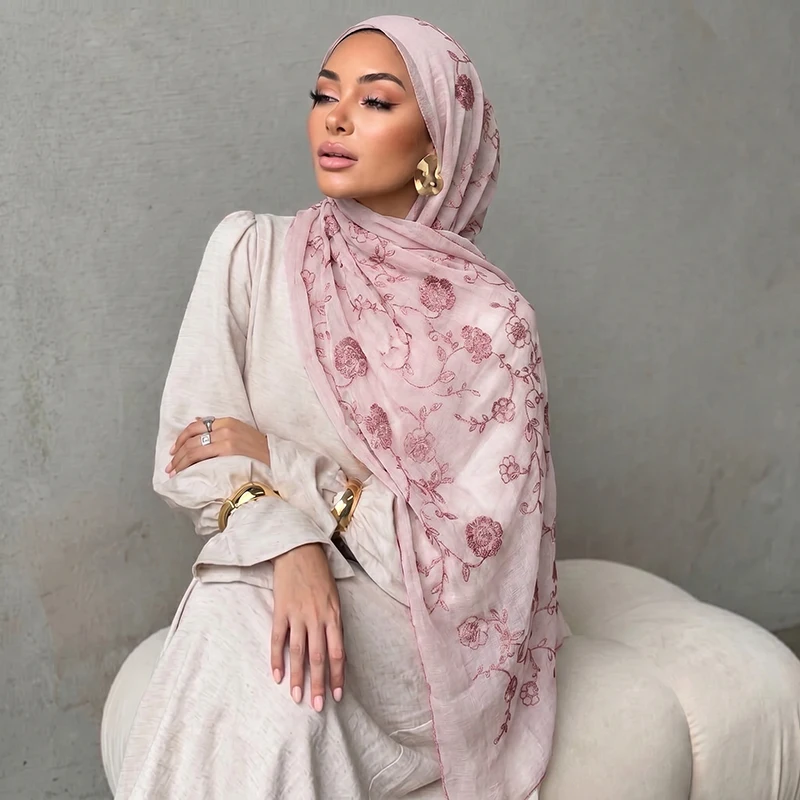 Floral Embroidery Muslim Hijab Sheer Scarf Soft Lightweight Headscarf for Women Daily Modest Wear Islamic Head Wrap Accessory view 2