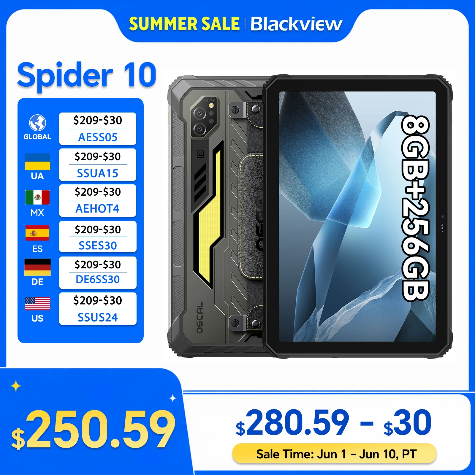 Blackview OSCAL SPIDER 10 Rugged Tablet, 20000mAh,Android 15 Tablet, 11'' FHD+IPS Display, 1100ML Camping Light, IP69K/NFC/WiFi