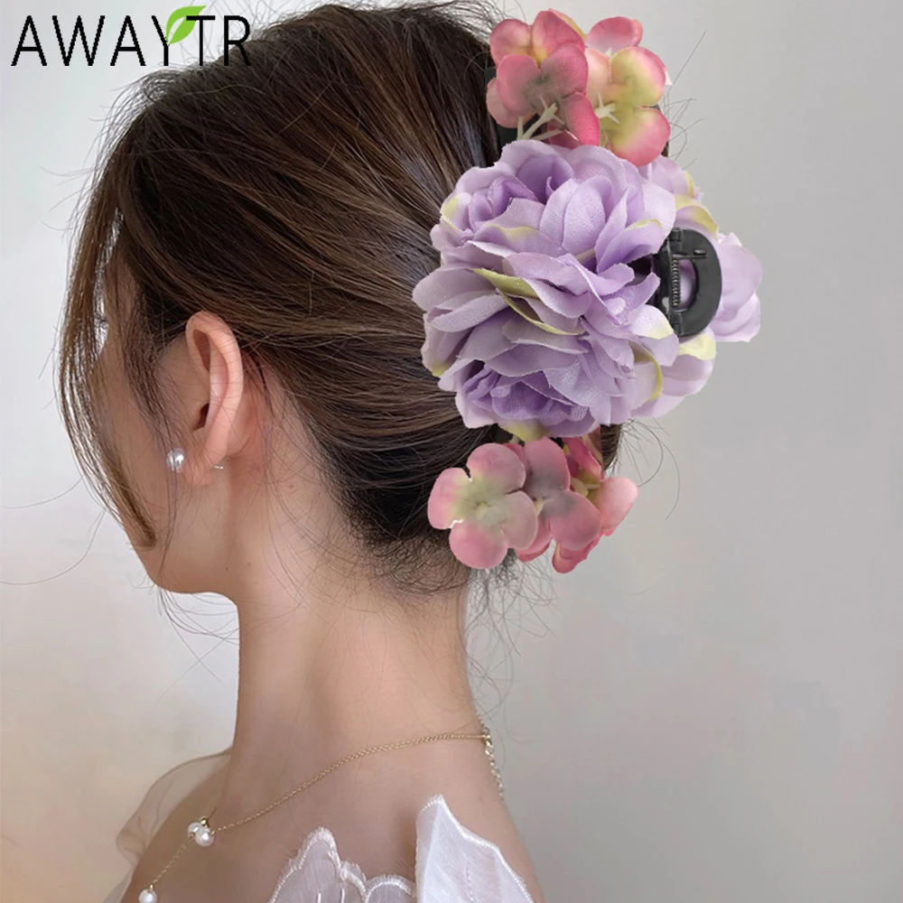 AWAYTR Mannual Snow Lotus Hair Claws Artificial Flowers Hair Clips Crab For Women Girl Gift Hair Accessories Valentine Headwear