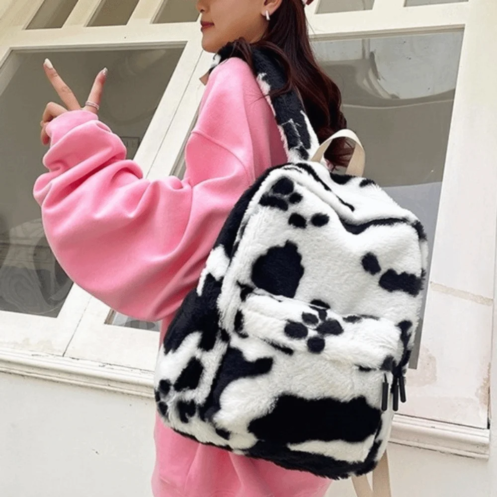 Portable Plush Leopard Print Backpack Harajuku Ulzzang Students School Bag Korean Style Lightweight Students Daypack Men