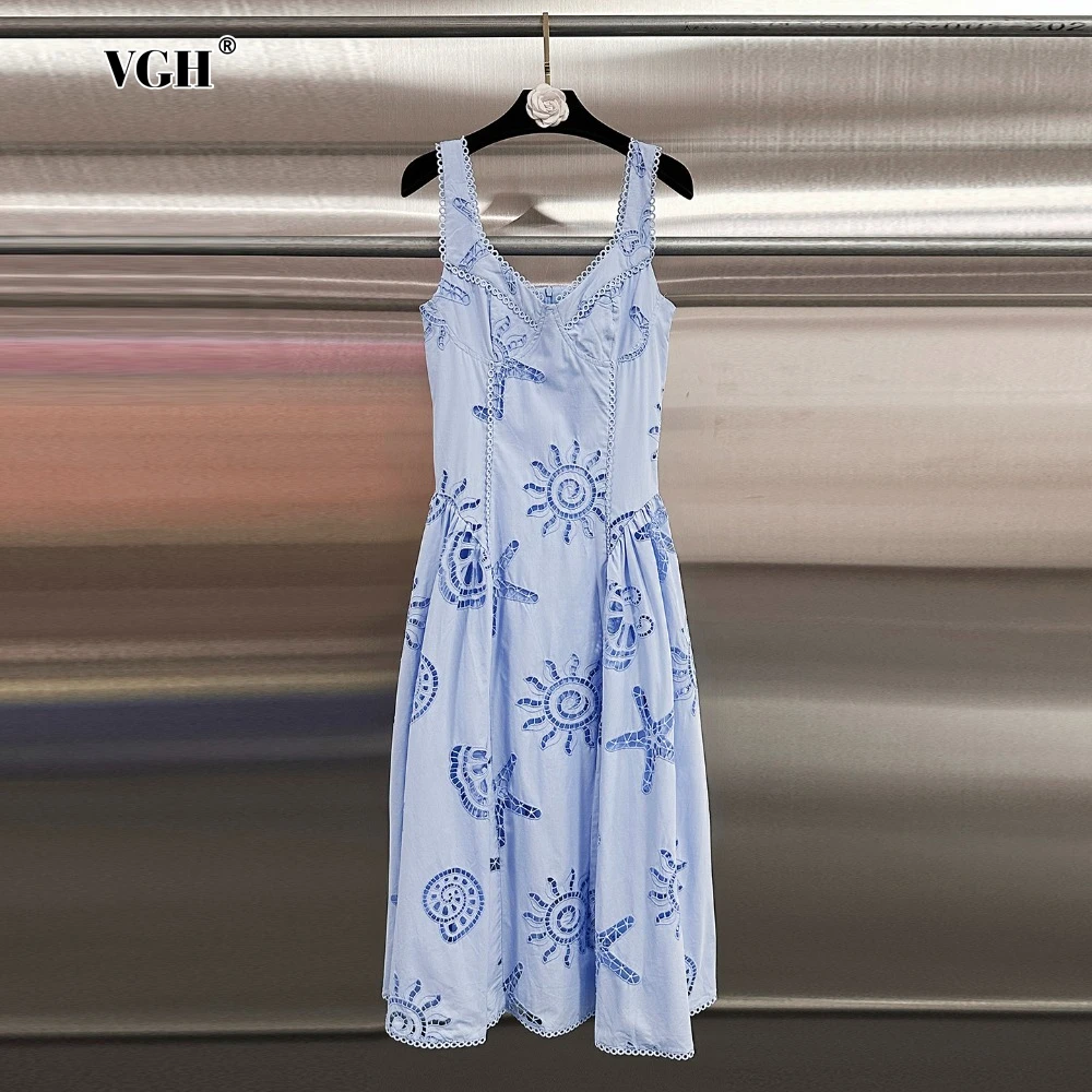 

VGH Summer Holiday Patchwork Hollow Out Midi Dresses for Women V Neck Sleeveless High Waist Slimming Casual Dresses Female Style