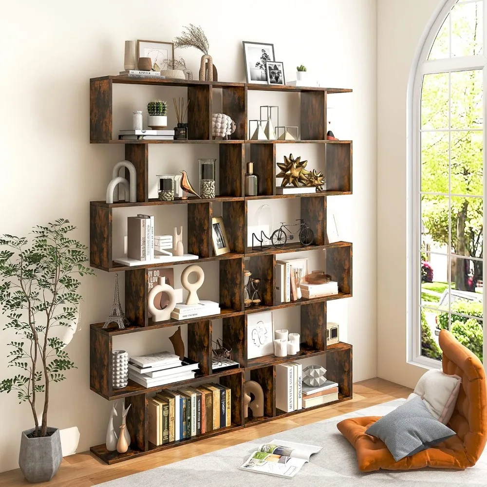 6-Tier Geometric Bookcase, Modern S-Shaped Storage Display Bookshelf for Living Room, Anti-Toppling Device, Home Office Wooden