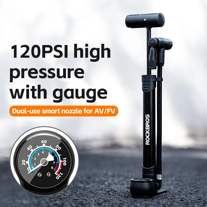 ROCKBROS Portable Bicycle Pump 120PSI AV FV Mutil-Functional Bicycle Inflator with Pressure Display Ultra-Light Bicycle Air Pump