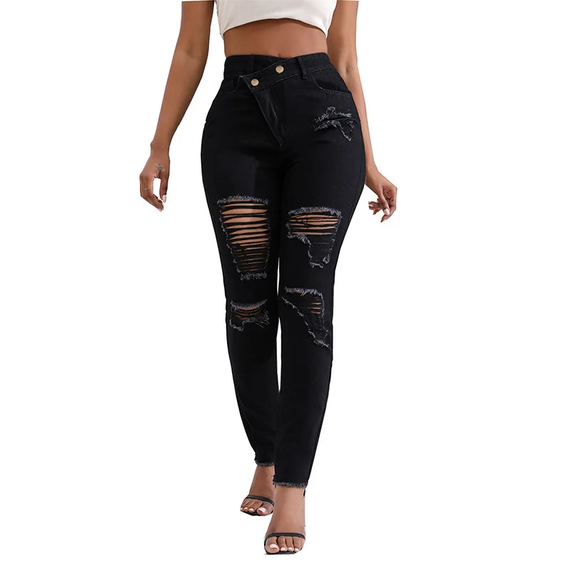 

2024 New High Waist Diagonal Button Design Ripped Jeans For Women Fashion Stretch Slim Denim Pencil Pants Skinny Trousers XS-2XL