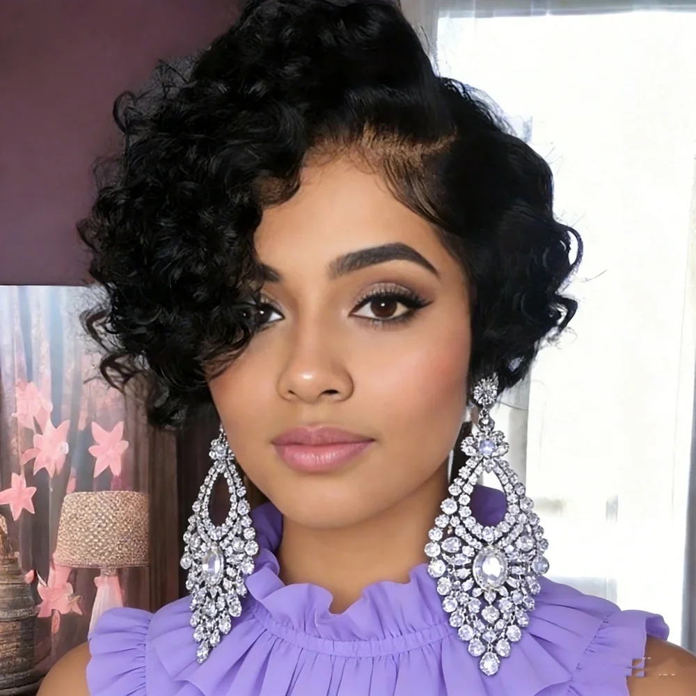 

13x4x1 Lace Frontal Short Curly Wig Pixie Cut Bob Wig Water Wavy Brazilian Remy Human Hair Wigs for Women