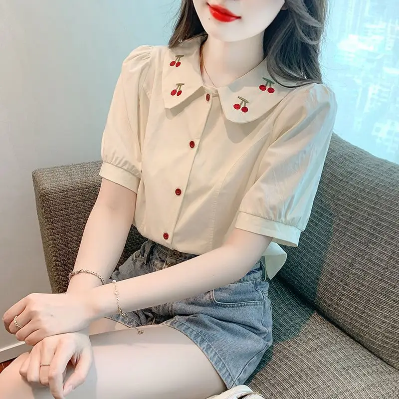 

2024 Summer New Preppy Style Fashion Blouses Embroidered Sweet Peter Pan Collar Single-breasted Loose Short Sleeve Women's Shirt