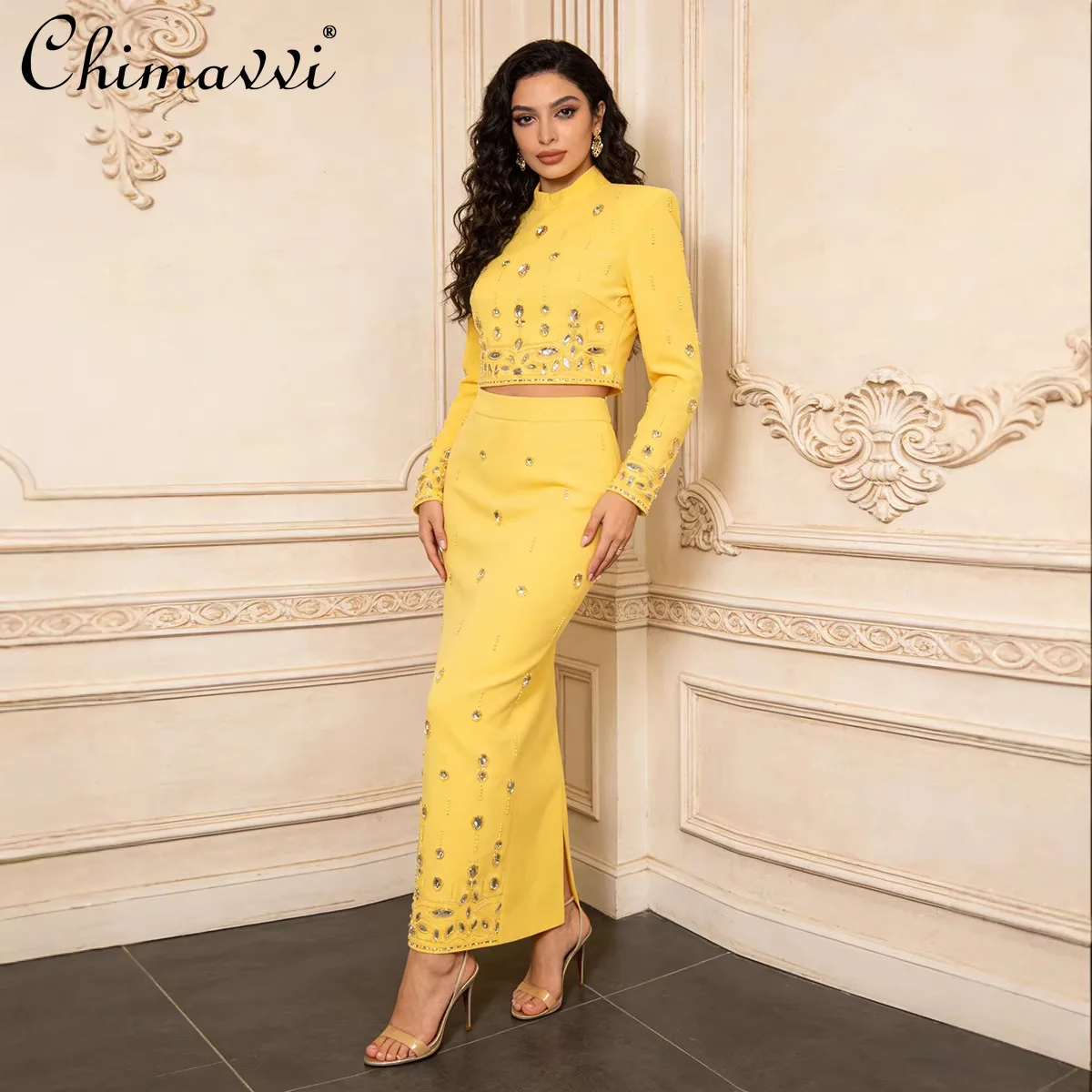 

2026 Spring French Elegant Fashion Skirt Suits Heavy Industry Bead Long Sleeve Top High Waist Hip Wrap Skirt Two-piece Set Women