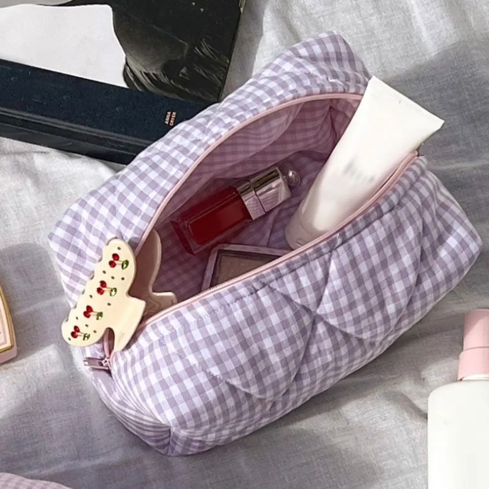 Fashion Checkered Floral Makeup Bag Large Capacity Portable Cosmetic Storage Bag Cotton Quilted Wash Bag Skincare Pouch