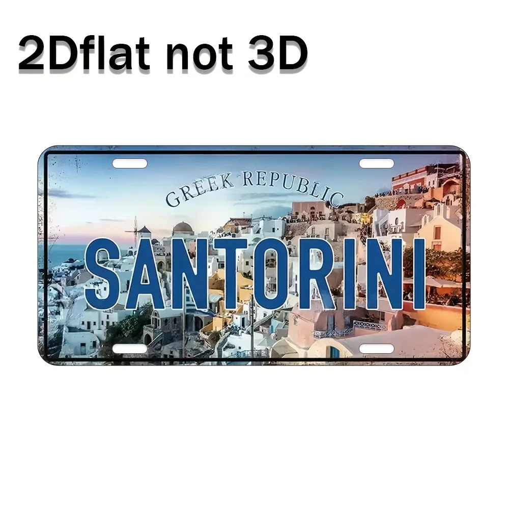 Letrero artístico de pared de metal, diseño de placa de matrícula de Grecia Santorini con texto de República Griega blanca y azul, garaje doméstico interior/exterior C