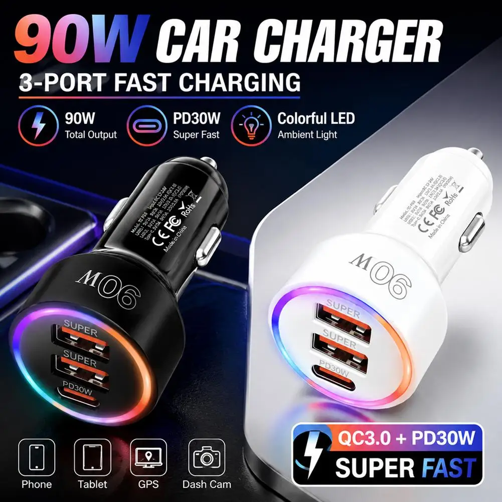 Fast Car Charger With Rainbow Light 90W Super Fast Charge For Multiple Devices PD30W QC3.0 Auto Vehicles Accessories