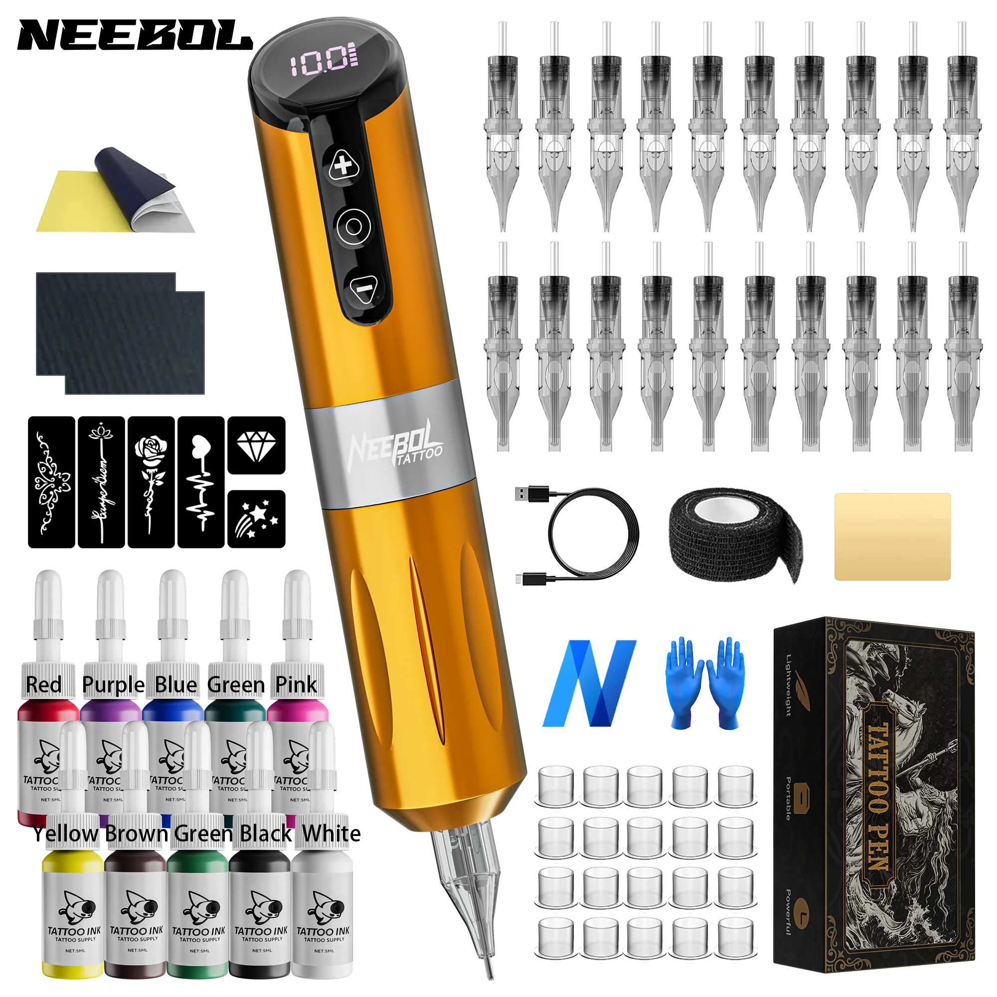 

1set, Neebol Wireless Tattoo Pen Kit, Rechargeable Rotary Tattoo Gun, Cordless Tattoo Pen Equipment Supply,10 ink, 20 needles