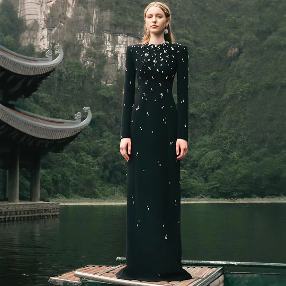 

2026 European and American Foreign Trade Style Elegant Heavy Industry Beads Diamond-Embedded Long Sleeve Long Dress Formal Dress