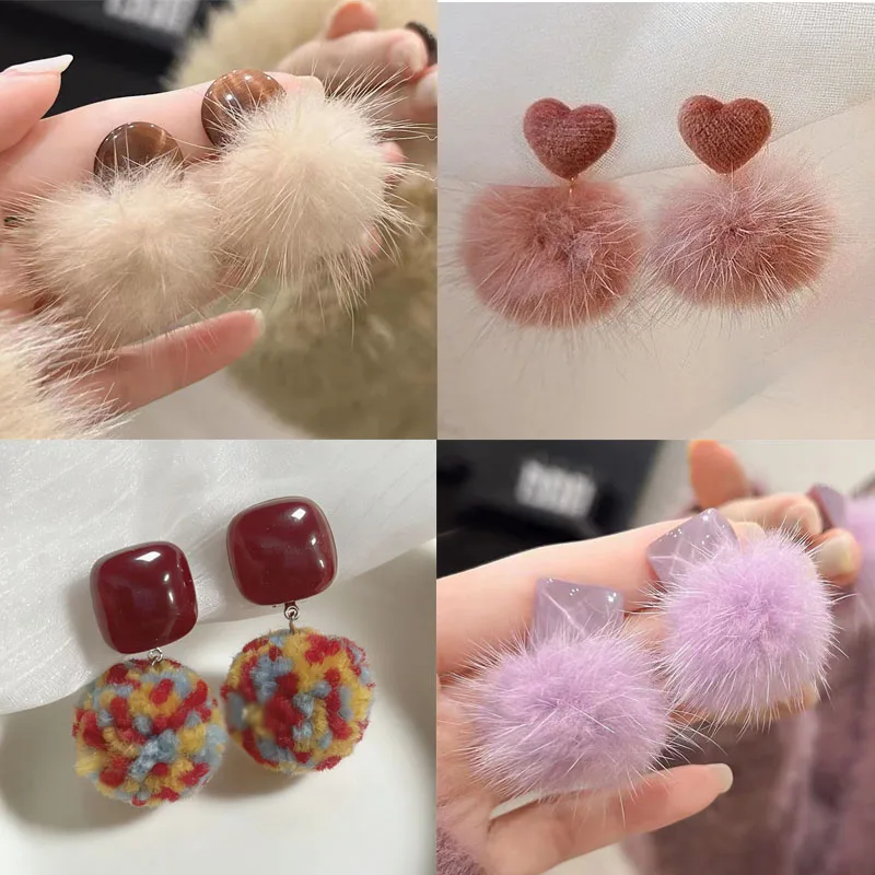 Winter Warm Fluffy Pom Pom Clip on Earrings for Women No Piercing Cozy Soft Velvet Faux Beige Fur Heart Square Clip Earrings