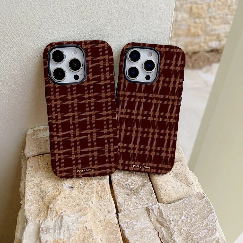 Reddish Brown Vintage Plaid Phone Case for Samsung Galaxy S22 S23 S24 S25 S26 FE Plus Ultra Edge 4G 5G Luxury Double-layer