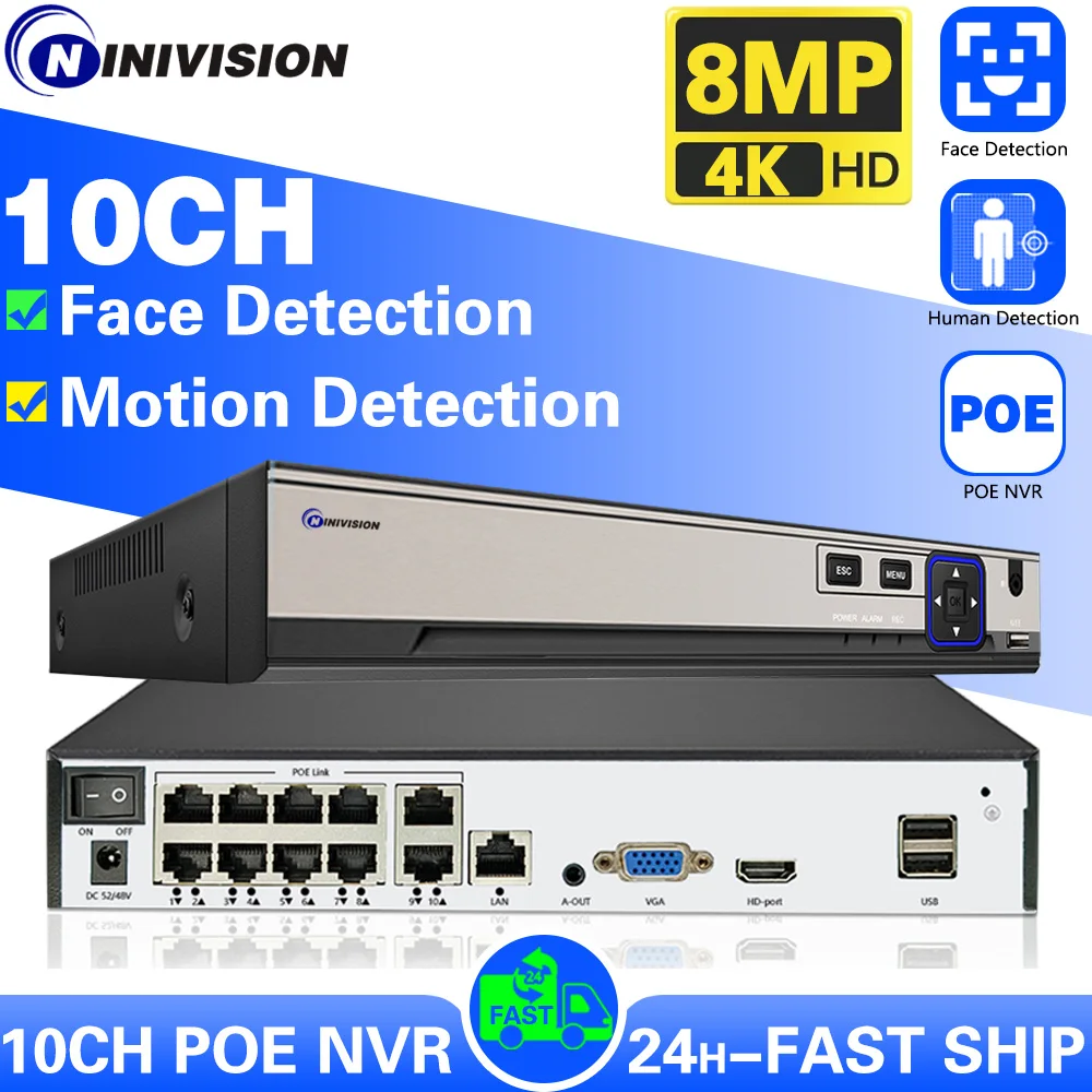 

4K 10CH 8CH POE NVR For 8MP 5MP 4MP IP Security Camera CCTV System Audio 4K Input Output Surveillance Video Recorder Face Detect