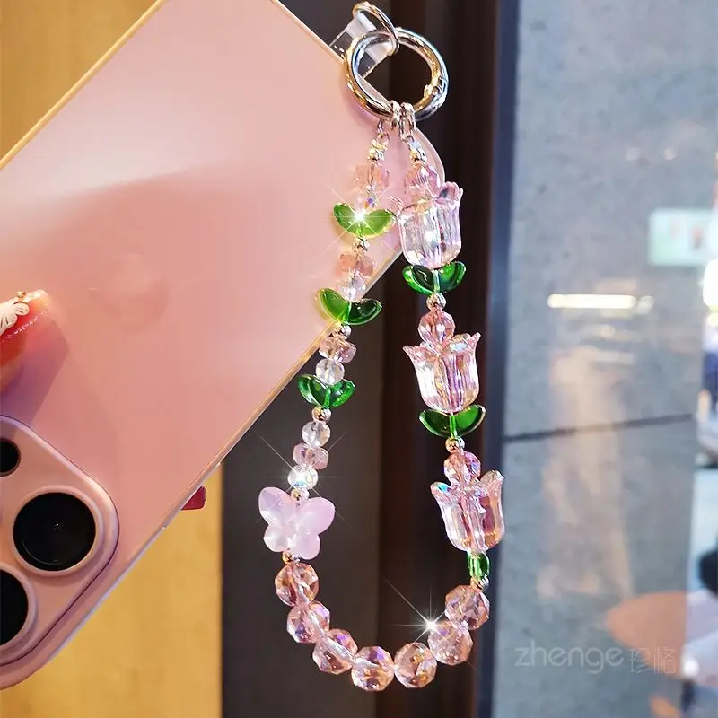 

Light Luxury Crystal Tulip Phone Chain Fresh Style Pendant Hand Strap Beaded Short Outdoor Handbag Keychain Camera Pendant