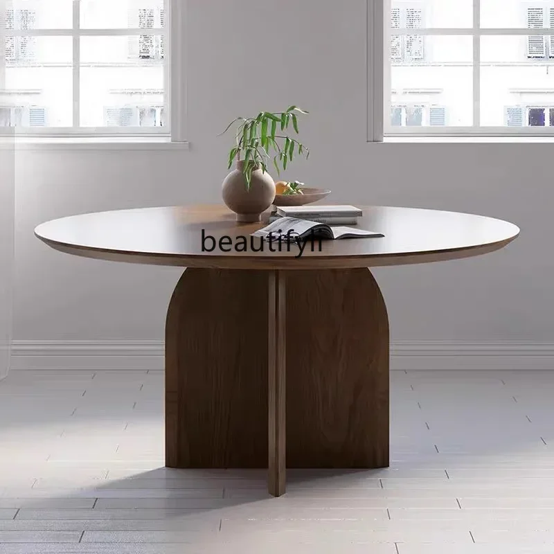 

YH Italian minimalist Nordic retro black walnut solid wood round dining table designer art table