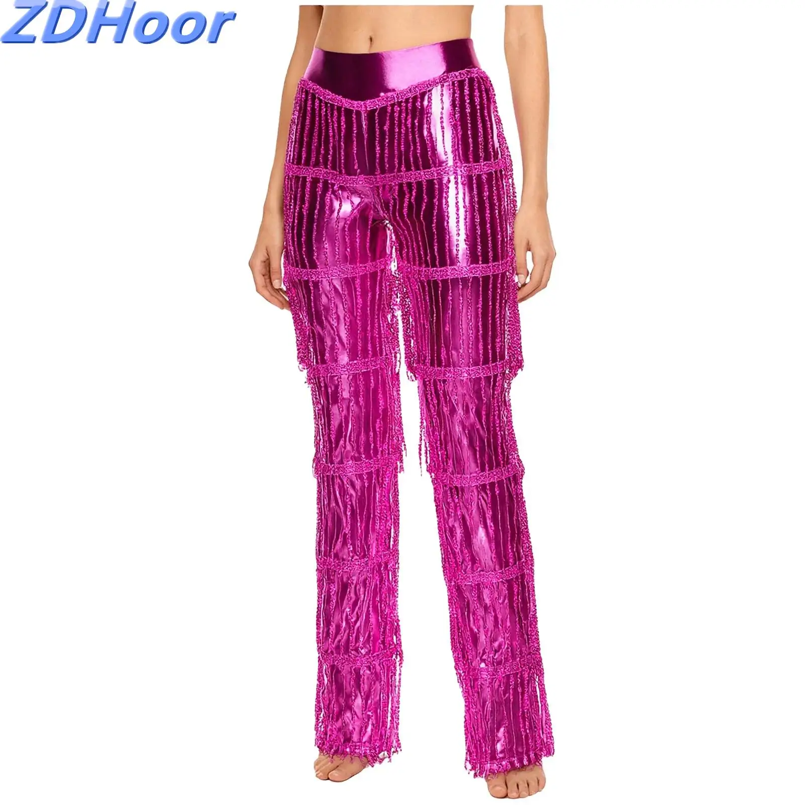 

Womens Sequin Tassel Dance Pants Tiered Color Blocking Metallic Latin Pants Trousers for Tango Salsa 70s Disco Dance