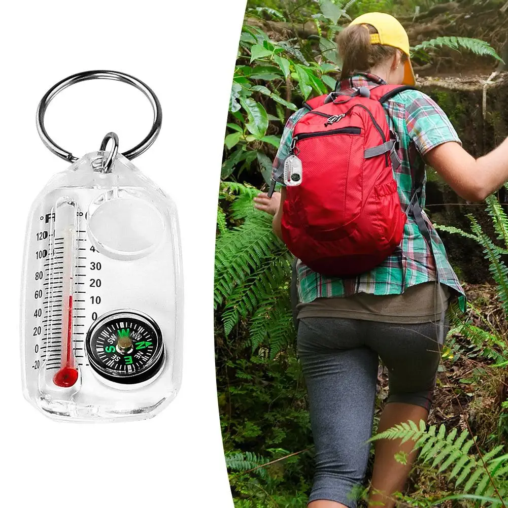 Outdoor Mountaineering Hiking Compass Portable Luminescent Tool Accurate Keychain Outdoor Thermometer Compass Survival 3 In F8R9