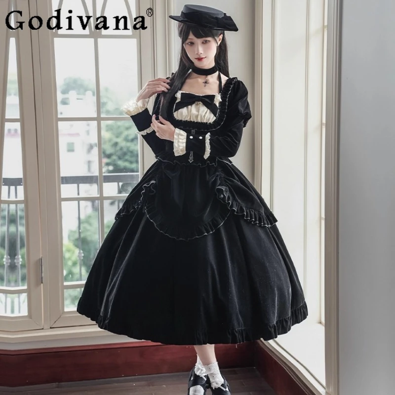 

Original French Elegant Lolita Long Velvet Dress Autumn Winter New Women's Slim Fit Fishbone Dress Princess Tea Party Dress Op