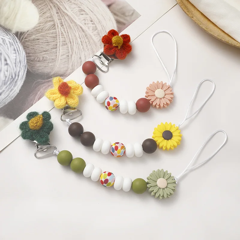 INS Baby Pacifier Clips Chain flower Handmade Crochet Plush Dummy Nipples Holder Clip Teething Toy Baby Accessories Newborn Gift