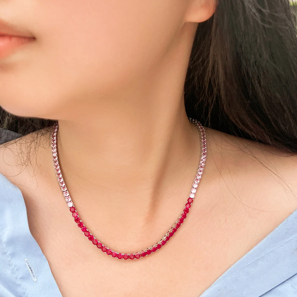 CWWZircons Chic Bling Pink Red Cubic Zirconia Round Chain Link Tennis Choker CZ Necklace for Women New Trendy Jewelry Gift CP117