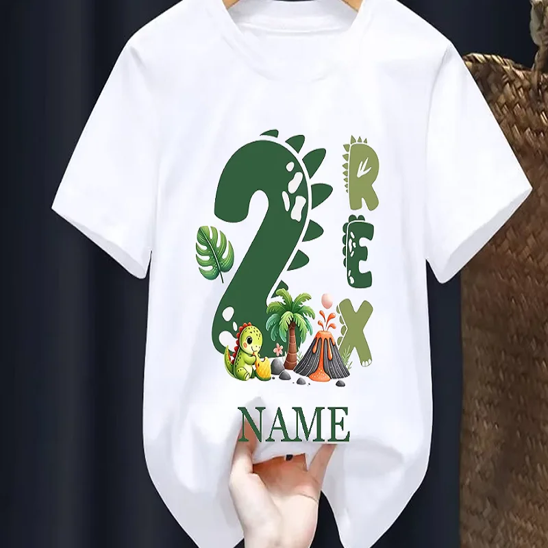 Personalized Name Cute 2Year-Old Birthday Boy T-Shirt Transportation/Dinosaur-Themed 2nd Birthday Party Gift Clothing Summer Tsh