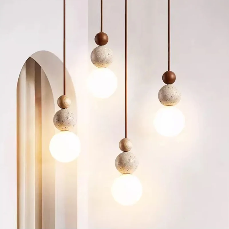 

Cream Style Yellow Stone Pendant Lights With Wood Lamps for Bedroom Bedside Restaurant Kitchen Indoor Lighting Room Decor