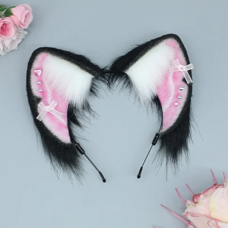 Cute bowknot Furry Cat Ears Hair Hoop Women Girls Lolita Lovely Headband Plush Fox Ear Metal Chain Love Heart Hairband Cosplay