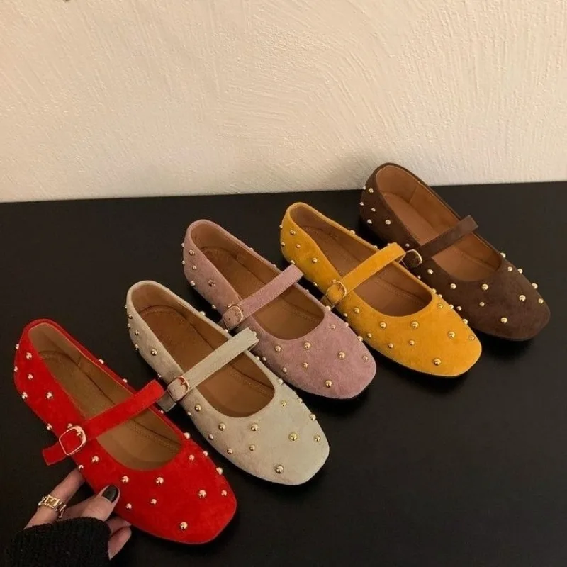 

New Brand Mary Jane Shoes for Women Fashion Rivet Suede Classic Retro Brown Casual Soft Bottom Comfortable Ladies Flats