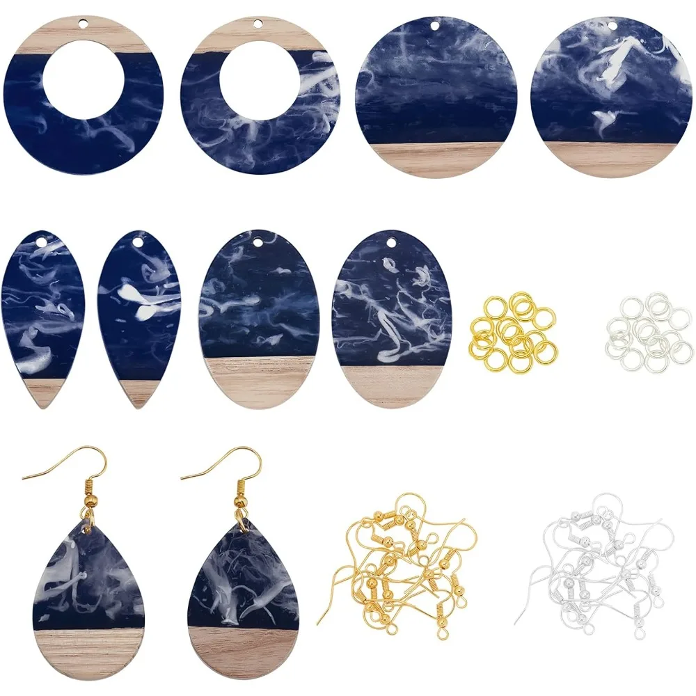 70Pcs Resin Wooden Earring Pendants Resin Walnut Wood Pendants Blue Smoke Drop Earring Making Kit Wood Earring Accessories