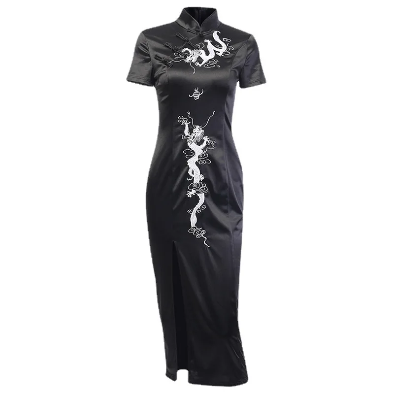 Sexy Zwart Brokaat Satijn Korte Vork Cheongsam Chinese Klassieke Vrouwen Qipao Elegante Korte Mouw Nieuwigheid Trouwavondjurk