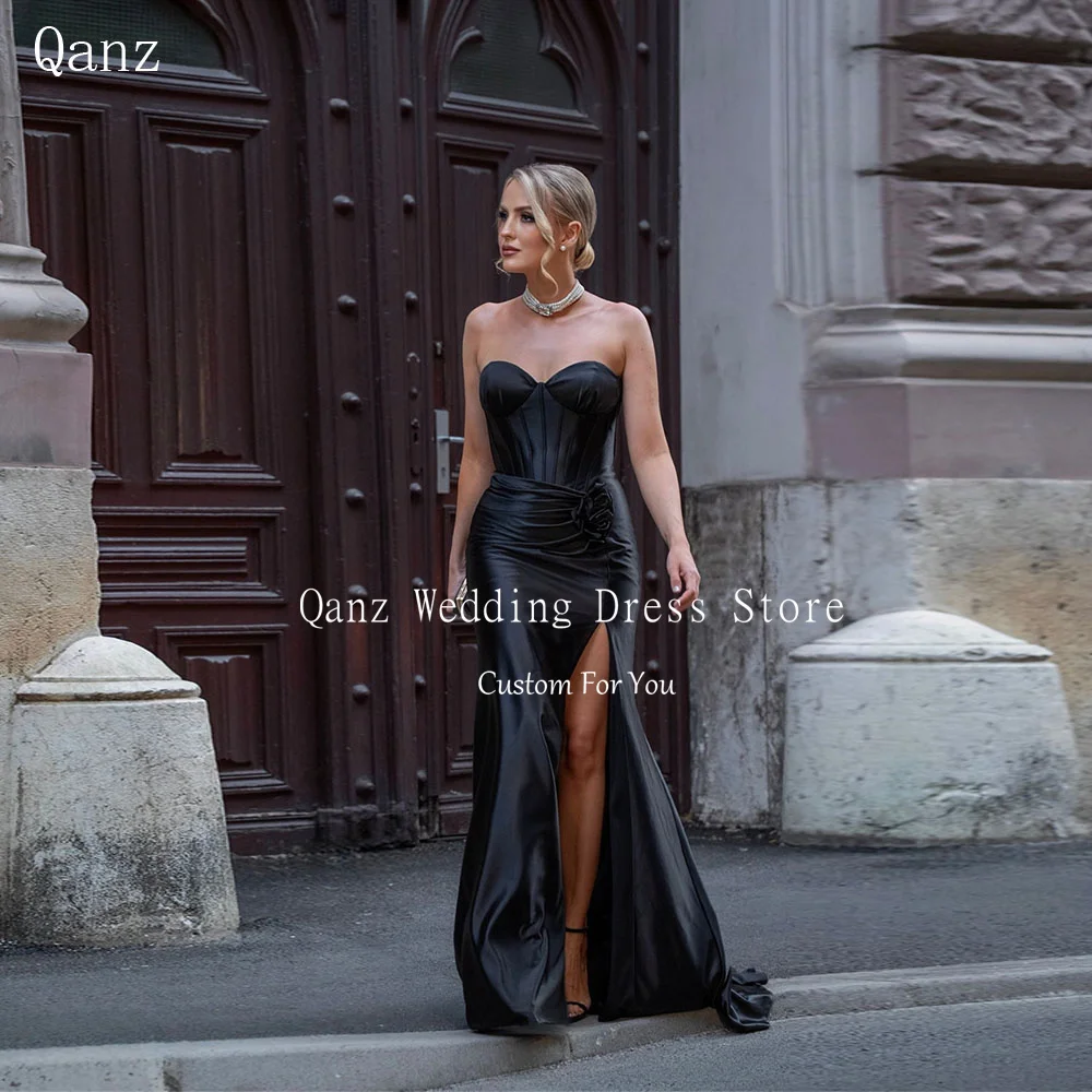 

Qanz Modern Black Satin Evening Dresses Sweetheart High Slit Mermaid Robes De Soirée Backless Vestidos Para Mujer Customized