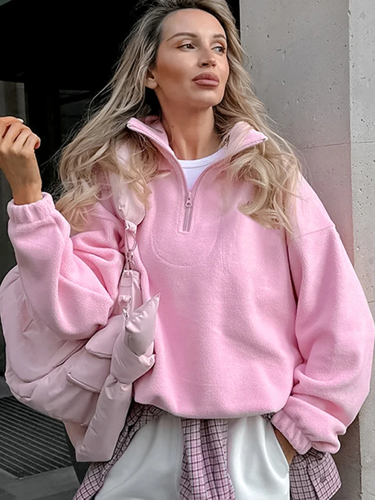 

FSMG Fashion Solid Color Zipper Lapel Pullover Sweatshirt Casual Loose Long Sleeved Shirt Winter Comfortable Streetwear Lady Top